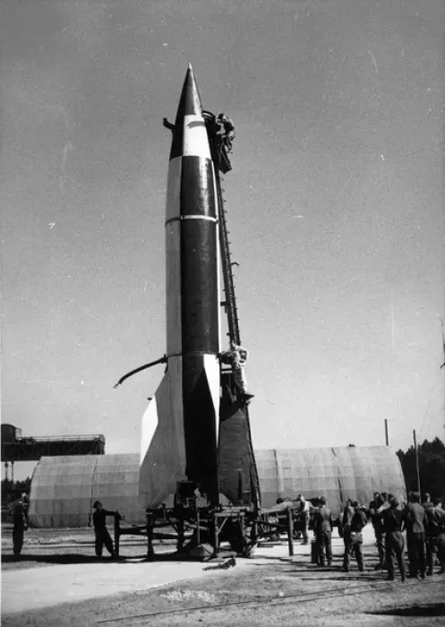 Framed Print : At Cuxhaven BAOR scientists prepare a V-2 for launch Framed Print : At Cuxhaven BAOR scientists prepare a V-2 for launch