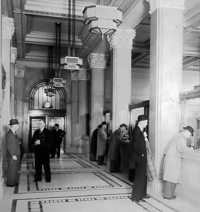 Framed Print : CWS Banking Hall, Manchester, probably 1930s Framed Print : CWS Banking Hall, Manchester, probably 1930s