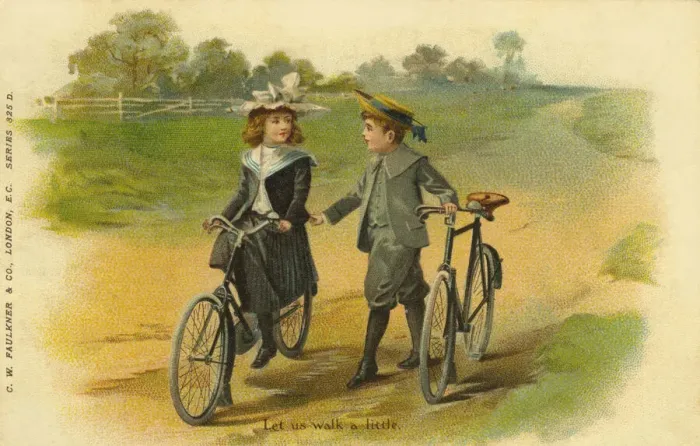 Framed Print : Cycling. Let us walk a little. Edwardian girl and boy with bicycles in country scene Framed Print : Cycling. Let us walk a little. Edwardian girl and boy with bicycles in country scene