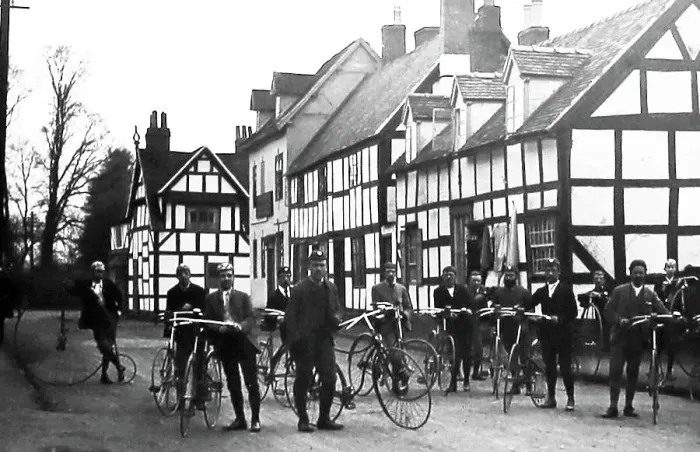 Framed Print : Cycling club including penny farthing, Victorian period Framed Print : Cycling club including penny farthing, Victorian period
