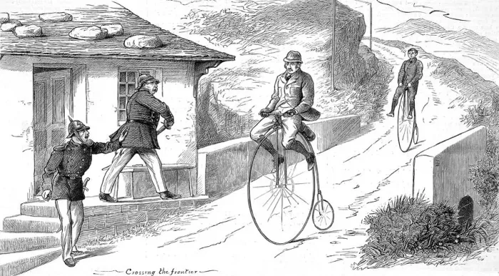 Framed Print : Cyclists at a European Frontier on a Penny Farthing Framed Print : Cyclists at a European Frontier on a Penny Farthing
