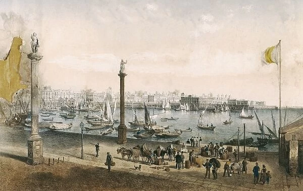 Cᤩz: the city and the harbour in 19th c. Engraving