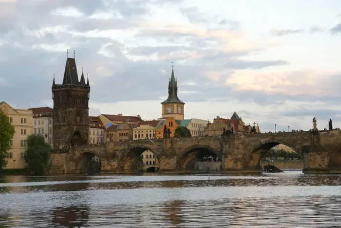 Framed Print : Czech Republic. Prague. View of Charles Bridge and Vltrava r Framed Print : Czech Republic. Prague. View of Charles Bridge and Vltrava r