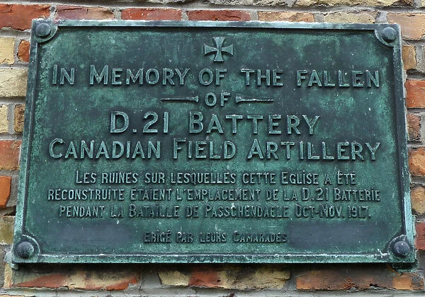 D21 Bty, Canadian Field Artillery, Plaque, Zonnebeke Church
