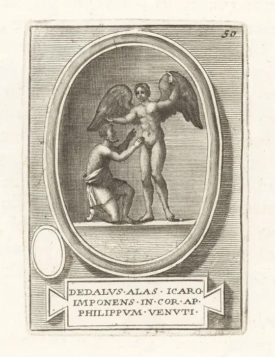 Framed Print : Daedalus fixing wings on his son Icarus Framed Print : Daedalus fixing wings on his son Icarus