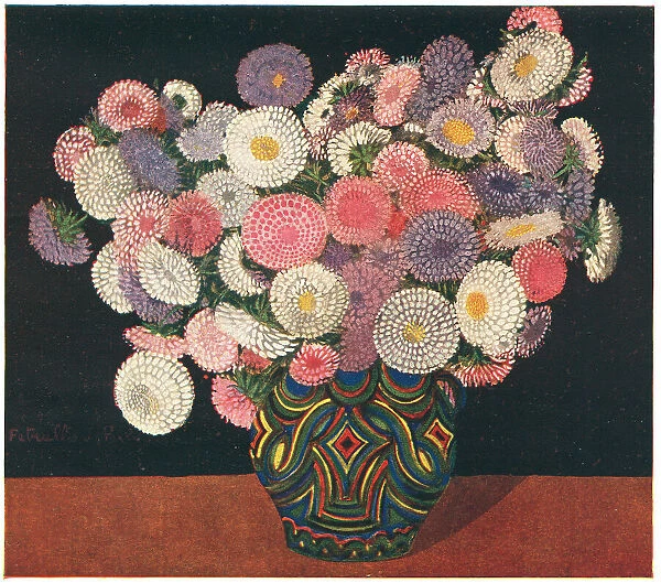 Dahlias. A still life painting of a highly decorative patterned vase