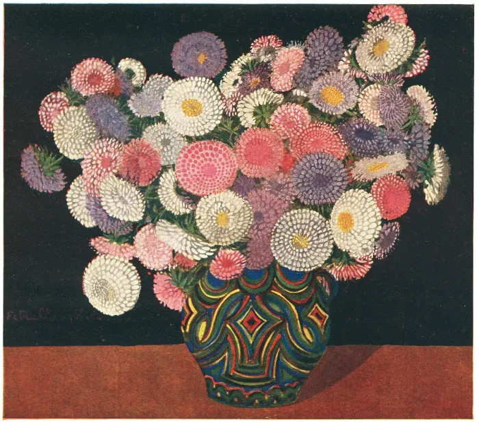 Framed Print : Dahlias. A still life painting of a highly decorative patterned vase Framed Print : Dahlias. A still life painting of a highly decorative patterned vase
