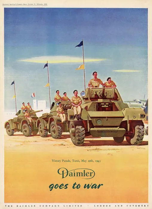 Framed Print : Daimler Goes to War. Advertisement for Daimler Company Limited showing the Victory Parade, Tunis, 20th May 1943. Date: 1943 Framed Print : Daimler Goes to War. Advertisement for Daimler Company Limited showing the Victory Parade, Tunis, 20th May 1943. Date: 1943