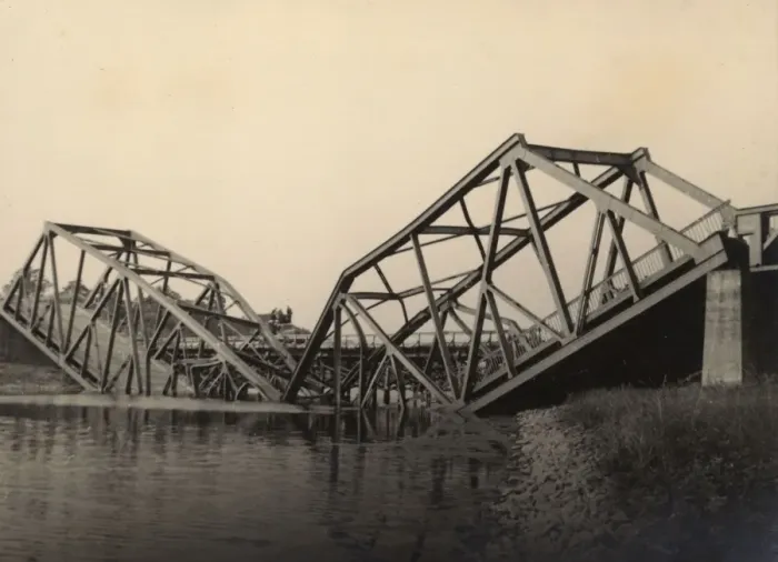 Framed Print : Damaged bridge on a river crossing Framed Print : Damaged bridge on a river crossing