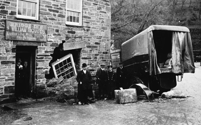 Framed Print : Damaged building and van, Bridge Inn Framed Print : Damaged building and van, Bridge Inn
