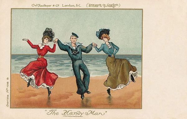 Dancers. The Handy Man. A sailor and two girls dancing on the beach. Date: 1903