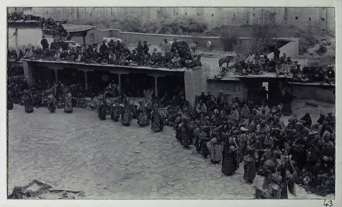 Framed Print : Dancers in front of a monastery, from a fascinating album which reveals new details on a little-known campaign in which a British military force brushed aside Tibetan defences to capture Lhasa, in 1904 Framed Print : Dancers in front of a monastery, from a fascinating album which reveals new details on a little-known campaign in which a British military force brushed aside Tibetan defences to capture Lhasa, in 1904