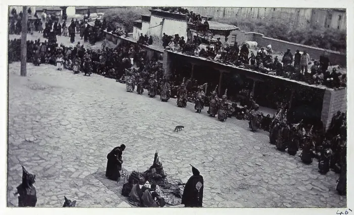 Framed Print : Dancers in front of a monastery, from a fascinating album which reveals new details on a little-known campaign in which a British military force brushed aside Tibetan defences to capture Lhasa, in 1904 Framed Print : Dancers in front of a monastery, from a fascinating album which reveals new details on a little-known campaign in which a British military force brushed aside Tibetan defences to capture Lhasa, in 1904