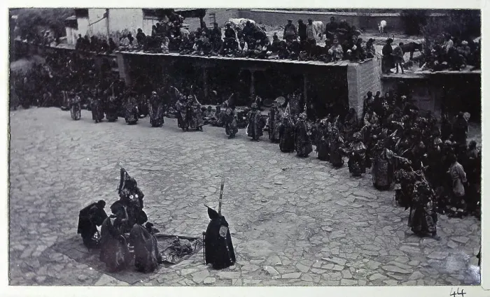 Framed Print : Dancers in front of a monastery, from a fascinating album which reveals new details on a little-known campaign in which a British military force brushed aside Tibetan defences to capture Lhasa, in 1904 Framed Print : Dancers in front of a monastery, from a fascinating album which reveals new details on a little-known campaign in which a British military force brushed aside Tibetan defences to capture Lhasa, in 1904