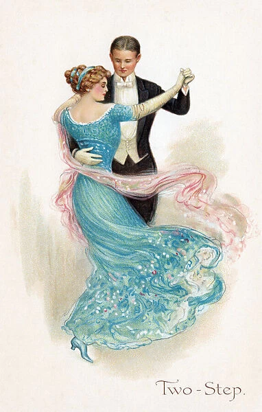 Dancing. Elegant lady and gentleman dancing a Two-Step. Date: 1909