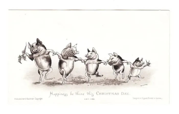 Framed Print : Five dancing pigs on a Christmas card Framed Print : Five dancing pigs on a Christmas card