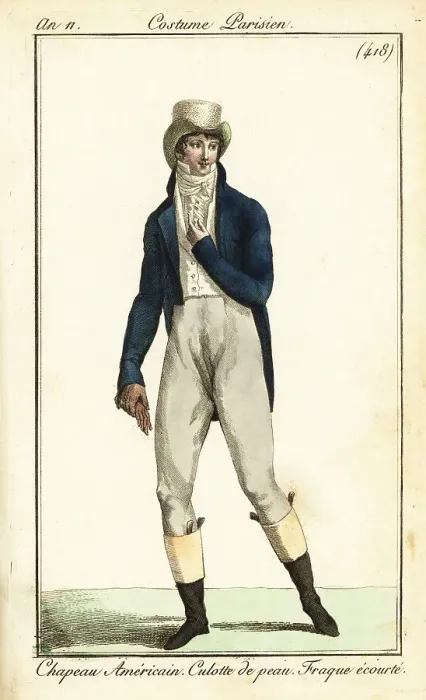 Framed Print : Dandy in American hat, short-tail frock coat, Paris, 1802 Framed Print : Dandy in American hat, short-tail frock coat, Paris, 1802