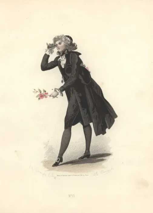 Framed Print : Dandy in black suit, breeches and stockings Framed Print : Dandy in black suit, breeches and stockings