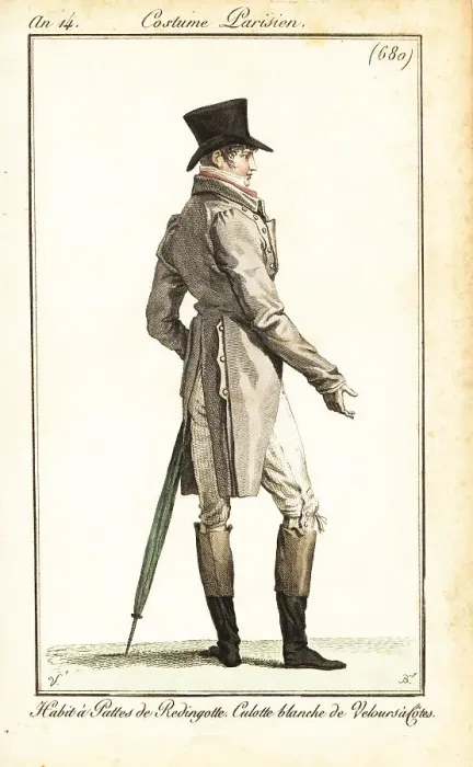 Framed Print : Dandy in top hat, frock coat, striped breeches, Paris, 1805 Framed Print : Dandy in top hat, frock coat, striped breeches, Paris, 1805