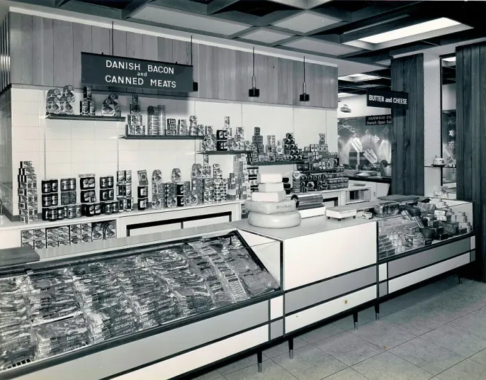 Framed Print : Danish Bacon and Canned Meats display Framed Print : Danish Bacon and Canned Meats display