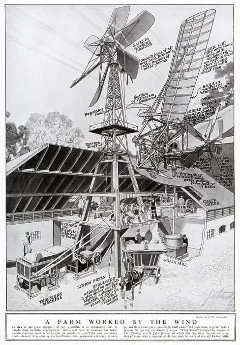 Framed Print : A Danish farm using wind-power in lots of their equipment: threshing machine, straw press, grain-mill, chaff cutter and sack hoist. Date: 1921 Framed Print : A Danish farm using wind-power in lots of their equipment: threshing machine, straw press, grain-mill, chaff cutter and sack hoist. Date: 1921
