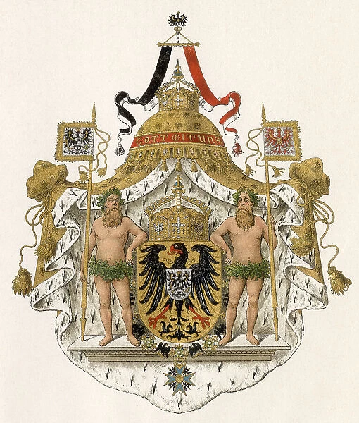 Das grosse Kaiserwappen - the imperial German coat of arms, whereon two begirdled toughies contemplate the crown of Charlemagne. Date: circa 1890