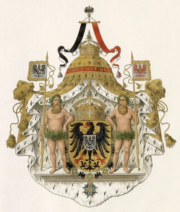 Framed Print : Das grosse Kaiserwappen - the imperial German coat of arms, whereon two begirdled toughies contemplate the crown of Charlemagne. Date: circa 1890 Framed Print : Das grosse Kaiserwappen - the imperial German coat of arms, whereon two begirdled toughies contemplate the crown of Charlemagne. Date: circa 1890