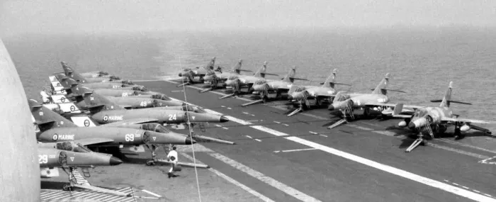 Framed Print : Dassault-Breguet Super etendards ranged on deck after flying Framed Print : Dassault-Breguet Super etendards ranged on deck after flying