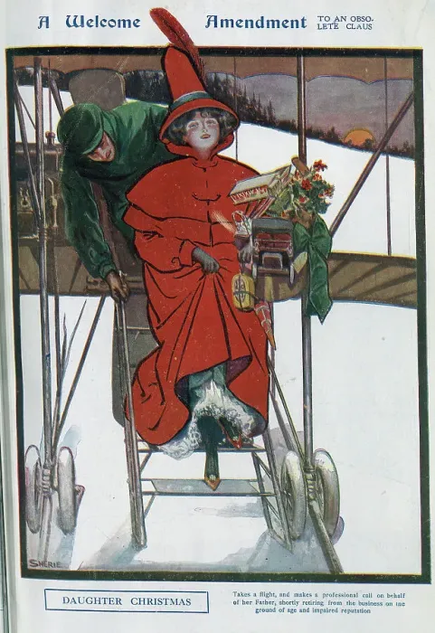 Framed Print : Daughter Christmas, colour illustration by E F Sherie, showing daughter in red, alighting plane assisted by pilot. Captioned, A Welcome Amendment to an obsolete claus Framed Print : Daughter Christmas, colour illustration by E F Sherie, showing daughter in red, alighting plane assisted by pilot. Captioned, A Welcome Amendment to an obsolete claus
