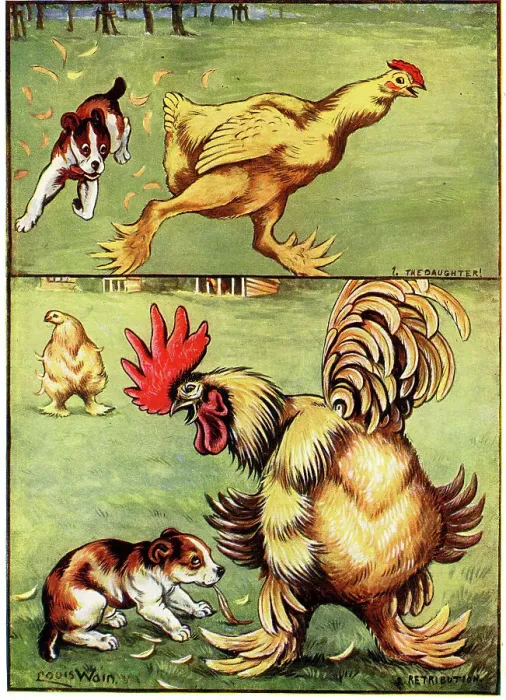 Framed Print : The Daughter, Retribution Puppy chasing Chicken Framed Print : The Daughter, Retribution Puppy chasing Chicken