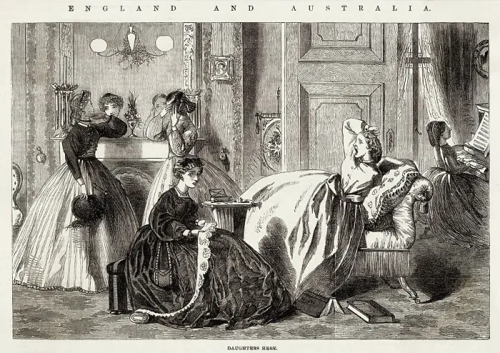 Framed Print : Daughter's here... Image 1 of a series on the benefits of Australia over England & encouraging emigration. Date: 1863 Framed Print : Daughter's here... Image 1 of a series on the benefits of Australia over England & encouraging emigration. Date: 1863