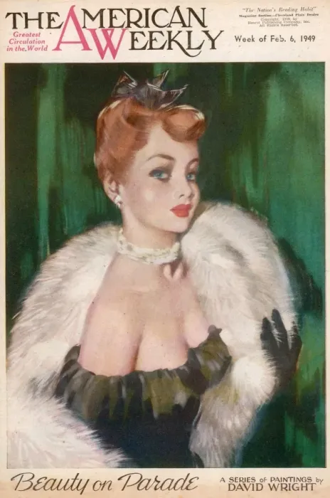 Framed Print : David Wright woman in black evening dress and white fur Framed Print : David Wright woman in black evening dress and white fur