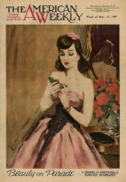 David Wright woman in pink and black evening dress