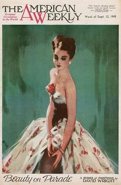 David Wright woman in red and cream evening dress