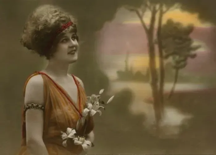 Framed Print : Daydreaming woman holding a bunch of lilies Framed Print : Daydreaming woman holding a bunch of lilies