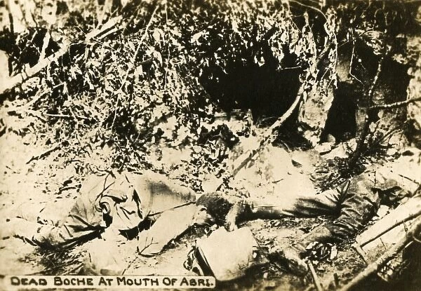 Dead German soldier near dugout, WW1