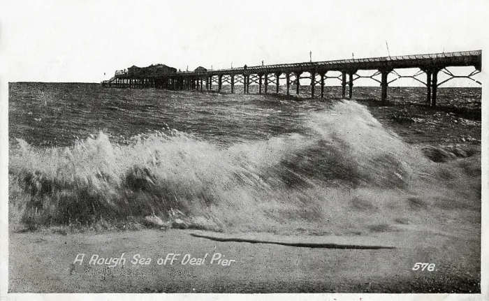 Framed Print : Deal, Kent - A Rough Sea off the Pier. Date: circa 1910s Framed Print : Deal, Kent - A Rough Sea off the Pier. Date: circa 1910s