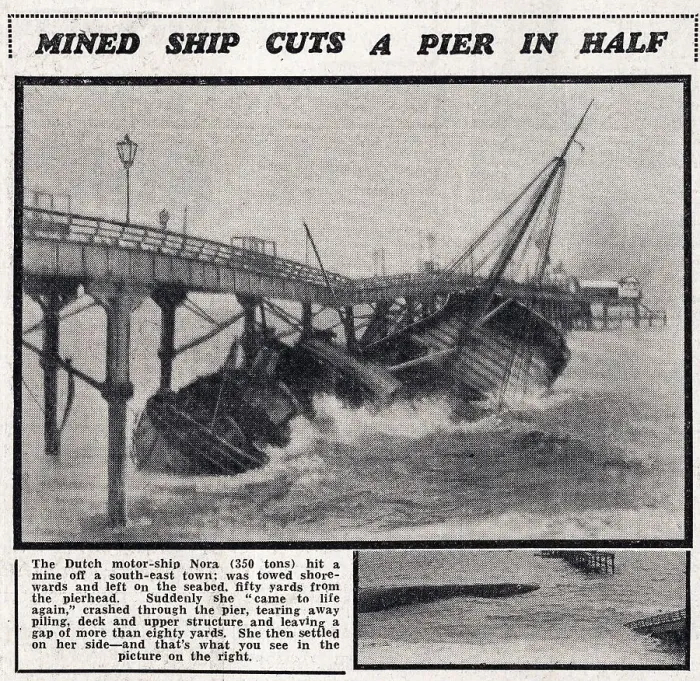 Framed Print : Deal Pier struck and severely damaged by a mined Dutch coaster, the Nora, in January 1940 Framed Print : Deal Pier struck and severely damaged by a mined Dutch coaster, the Nora, in January 1940