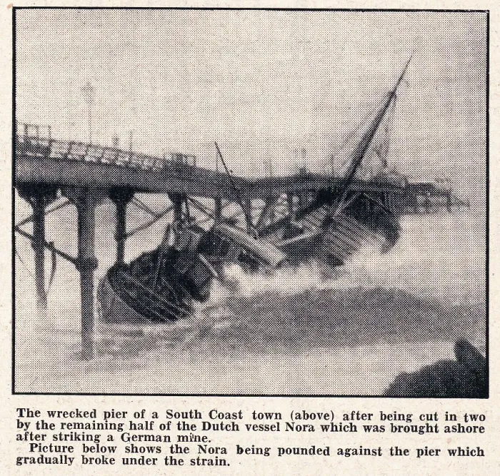 Framed Print : Deal Pier struck and severely damaged by a mined Dutch coaster, the Nora, in January 1940 Framed Print : Deal Pier struck and severely damaged by a mined Dutch coaster, the Nora, in January 1940