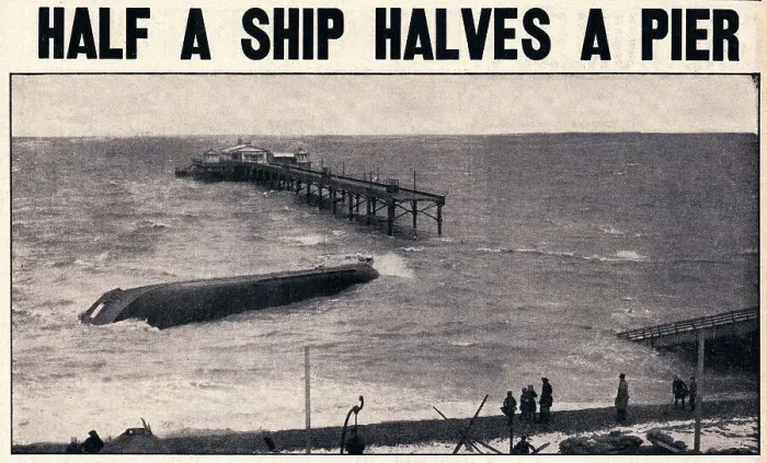 Framed Print : Deal Pier struck and severely damaged by a mined Dutch coaster, the Nora, in January 1940 Framed Print : Deal Pier struck and severely damaged by a mined Dutch coaster, the Nora, in January 1940