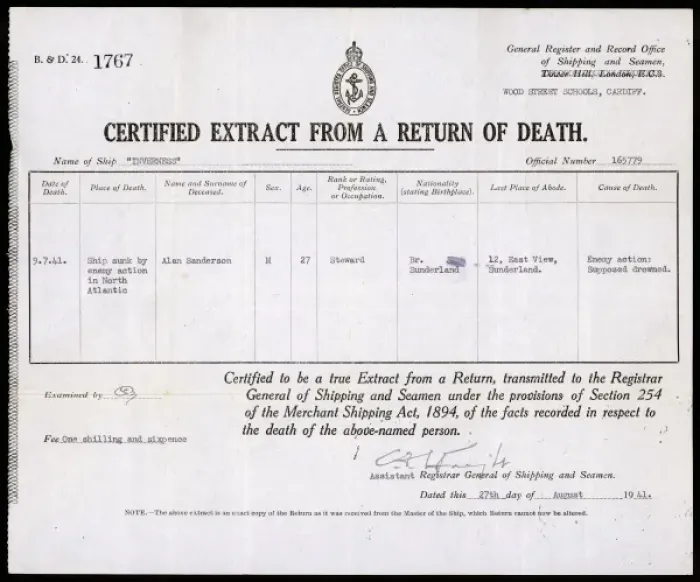 Framed Print : Death Certificate 1941 Framed Print : Death Certificate 1941