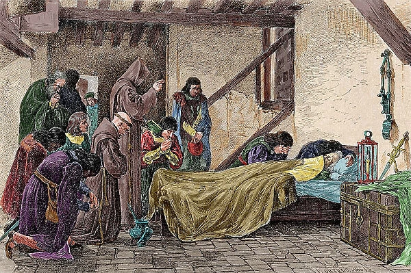Death of Christopher Columbus (1451-1506). Colored engraving