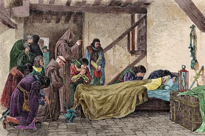 Framed Print : Death of Christopher Columbus (1451-1506). Colored engraving Framed Print : Death of Christopher Columbus (1451-1506). Colored engraving