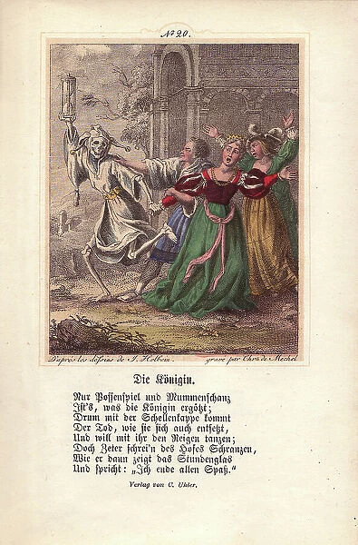 Death as a jester drags away the Queen as she