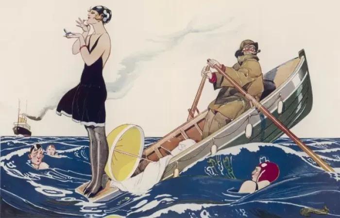 Framed Print : Deauville. Woman applying make-up whilst standing in a boat which is being Framed Print : Deauville. Woman applying make-up whilst standing in a boat which is being