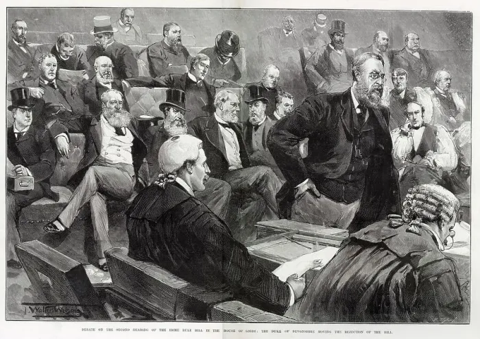 Framed Print : Debate on the second reading of the Home Rule Bill in the House of Lords - the Duke of Devonshire moving the rejection of the bill. Date: 1893 Framed Print : Debate on the second reading of the Home Rule Bill in the House of Lords - the Duke of Devonshire moving the rejection of the bill. Date: 1893