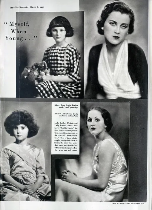 Framed Print : Two debutantes, photographed as children and as young women. Captioned, Myself when young. With descriptions, Lady Bridget Poulett to-day and yesterday, and Lady Pamela Smith as she was and as she is. Date: 1933 Framed Print : Two debutantes, photographed as children and as young women. Captioned, Myself when young. With descriptions, Lady Bridget Poulett to-day and yesterday, and Lady Pamela Smith as she was and as she is. Date: 1933