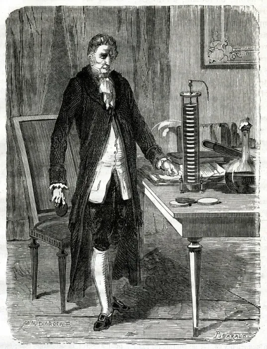 Framed Print : VOLTA. Volta constructs his first pile electrique Date: December 1799 Framed Print : VOLTA. Volta constructs his first pile electrique Date: December 1799