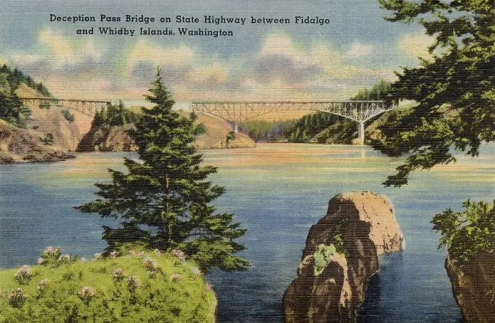 Framed Print : Deception Pass Bridge on state highway between Fidalgo and Whidby Islands, Washington State, USA Date: circa 1940