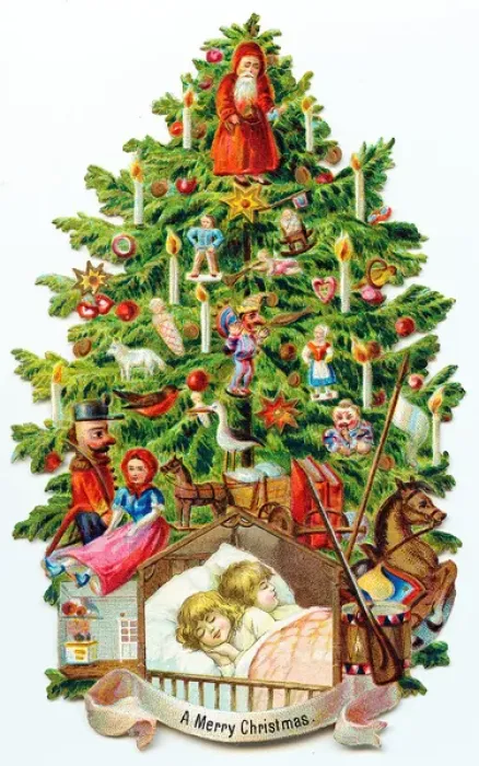 Framed Print : Decorated Christmas tree with children asleep Framed Print : Decorated Christmas tree with children asleep